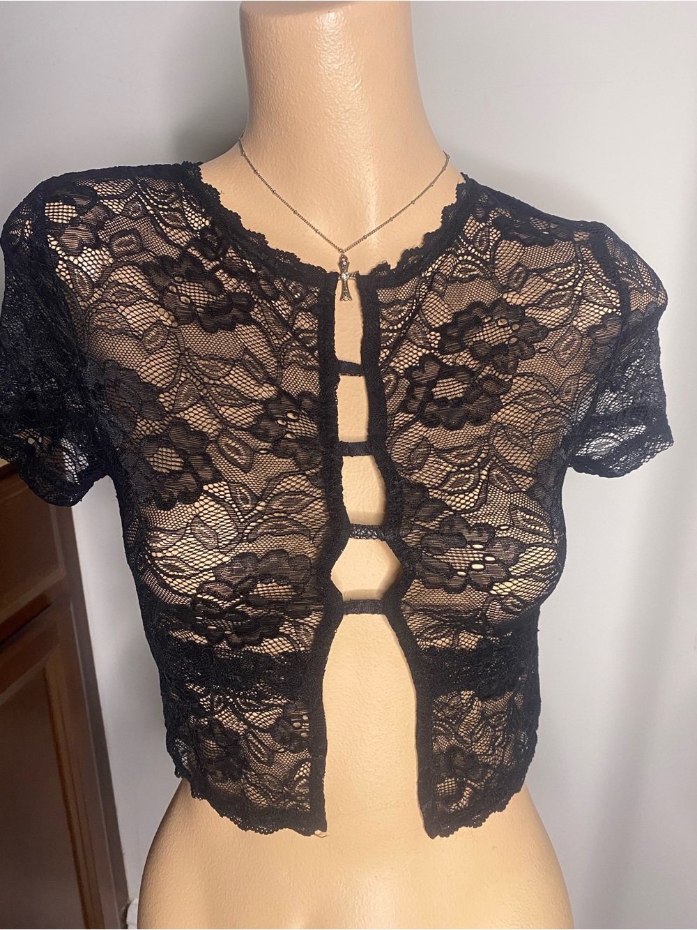 Meshki Black Sheer Lace Crop Top with Cutout Front